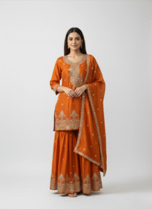 Silk Short Kurta with Sharara & Dupatta Set