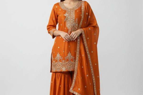 Silk Short Kurta with Sharara & Dupatta Set